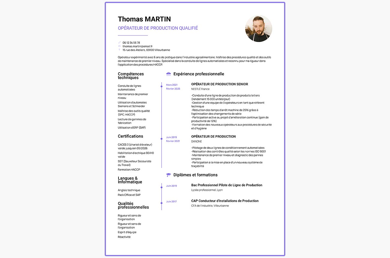 exemple de CV d'opérateur de production